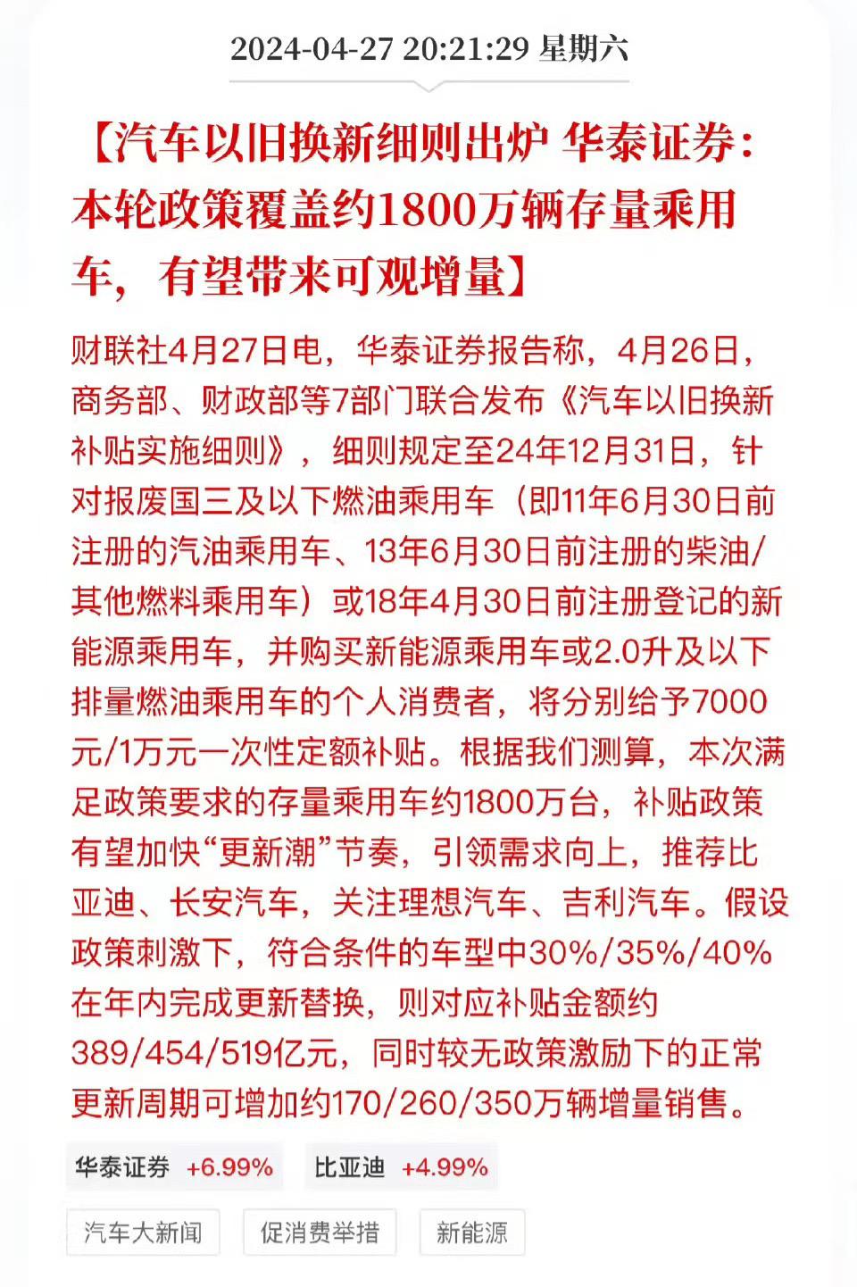 以旧换新成效显著 商务部：今年以来全国报废汽车回收量同比增长约35%